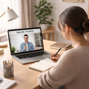 Persona estudiando un curso en línea con su computadora portátil en casa