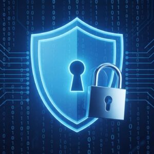 Ilustración de un candado y un escudo sobre código binario, símbolo de ciberseguridad