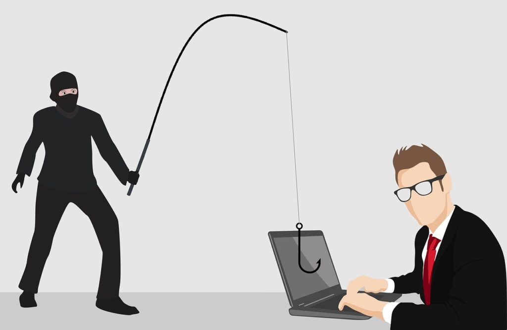 Ilustración de un anzuelo que roba datos de una computadora, símbolo del phishing