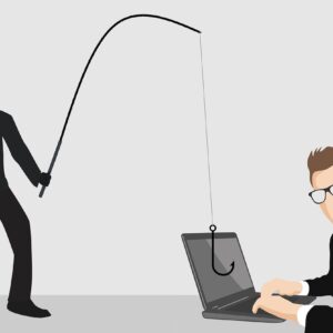 Ilustración de un anzuelo que roba datos de una computadora, símbolo del phishing