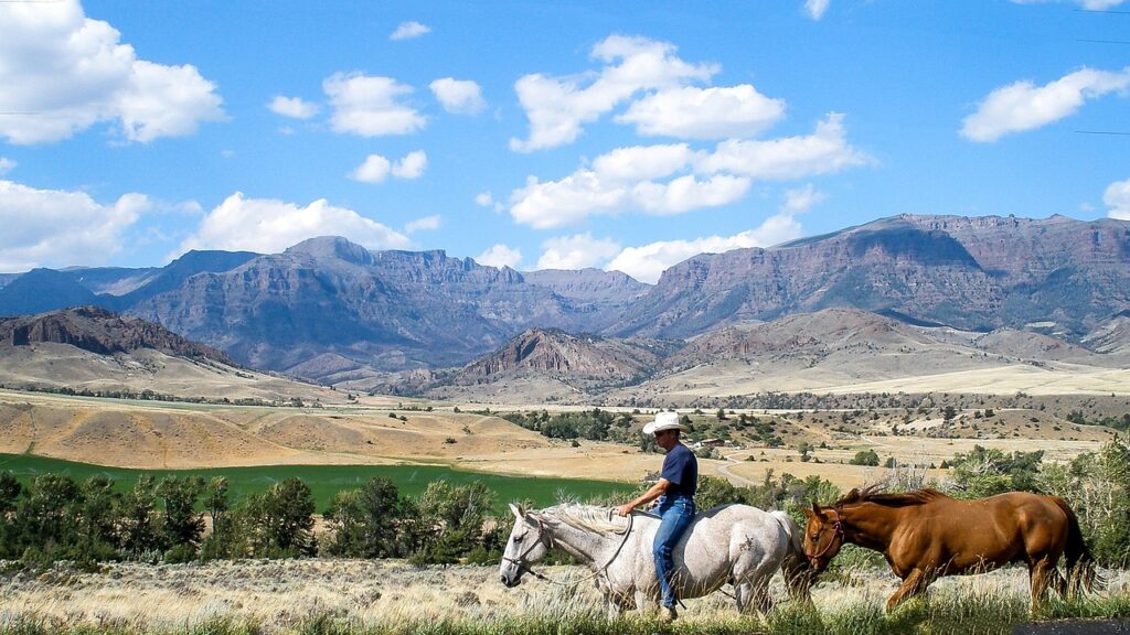 Vaquero con caballos en un paisaje de montaña