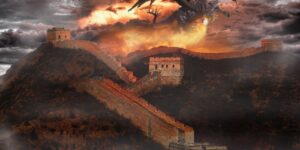 Ilustración de un dragón lanzando fuego sobre una muralla