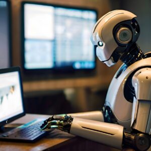 Robot frente a una computadora portátil en una oficina, imagen sobre agentes de IA en empresas